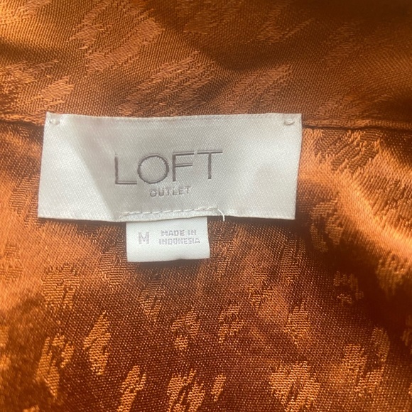 Loftâ Bronze Caramel Shiny Metallic Cheetah Print Long Sleeve Neck Tie Blouse - Picture 2 of 8